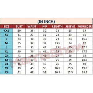 May include: A size chart in a table format, with measurements in inches for bust, waist, hip, length, sleeve, and shoulder. Sizes range from XXS to 4X. The chart is for clothing.
