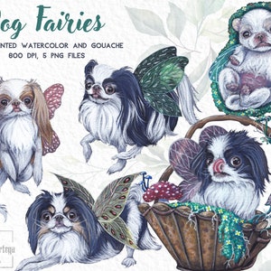 Watercolor and Gouache Dog Fairies Clipart - Japanese Chin vintage illustrations - Descarga digital - Uso comercial