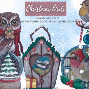 Aquarelle et Gouache Oiseaux de Noël Clipart