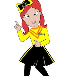 May include: A cartoon illustration of a girl with red hair wearing a yellow shirt with the word "Wiggles" on it, a black skirt with yellow trim, and a yellow bow with a black center. She is pointing with her right hand and smiling.