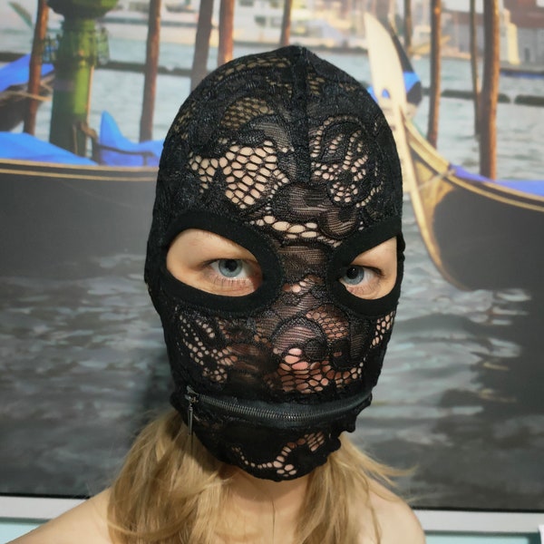 BDSM mask, Sexy mask with zipper, Lace face mask, Black mask, Fetish mask, Face mask, Erotic mask, Halloween, Mystery mask, Submissive mask