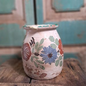 Antique Hungarian Terracotta Jug / Pitcher, Hand-Painted Cream With Floral Folk Art Pattern, Dated 1931