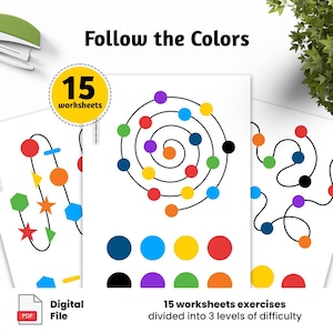 Puede incluir: Tres hojas de trabajo blancas con patrones coloridos de puntos y líneas para ejercicios de combinación de colores. El texto "Follow the Colors" está en la parte superior. Un círculo amarillo dice "15 worksheets". El texto inferior dice "Digital File".