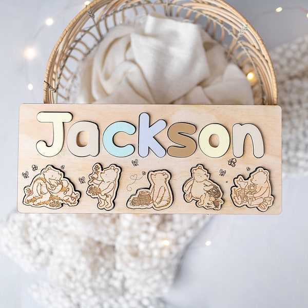 Classic Pooh Personalised Wooden Name Puzzle Baby Gift Kids puzzle 1st Birthday Gift Name Puzzle Montessori Sensory play Classic Pooh Decor