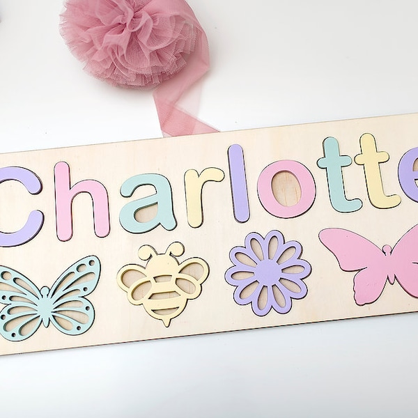 Butterfly, Personalised Wooden Name Puzzle, Baby Gift, Nursery Decor, 1st Birthday Name Puzzle, Jigsaw, Pastel Decor, Flower, Montessori