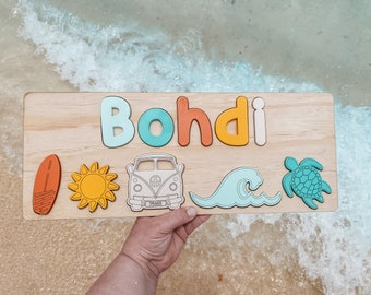 Surfs up Beach Personalised Name Puzzle Baby Gift Decor Kids puzzle 1st Birthday Gift Name Puzzle Ocean theme decor Montessori Sensory play