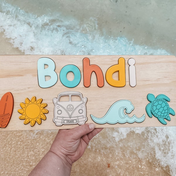 Surfs up Beach Personalised Name Puzzle Baby Gift Decor Kids puzzle 1st Birthday Gift Name Puzzle Ocean theme decor Montessori Sensory play