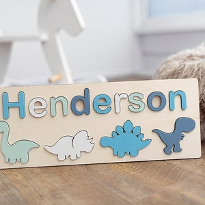Dinosaur, Personalized Wooden Name Puzzle, Baby Gift, Nursery Decor, Blue, Kids puzzle,1st Birthday Gift Name Puzzle, Jigsaw, Dinosaur Decor