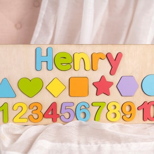 Bright Rainbow Shapes numbers Personalized Wooden Name Puzzle, Baby Gift, Nursery Decor, Kids,1st Birthday Gift Name Puzzle, Decor