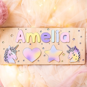 Personalized Unicorn Wooden Name Puzzle, Baby Gift, Nursery Decor, Pastel Rainbow, Kids puzzle, Wood puzzle, 1st BirthdayName Puzzle, Shapes