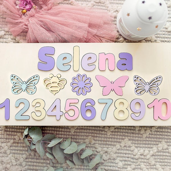 Butterfly Numbers, Personalized Wooden Name Puzzle, Baby Gift, Nursery Decor, Kids,1st Birthday Gift Name Puzzle, Pastel Decor, Bee, Flower