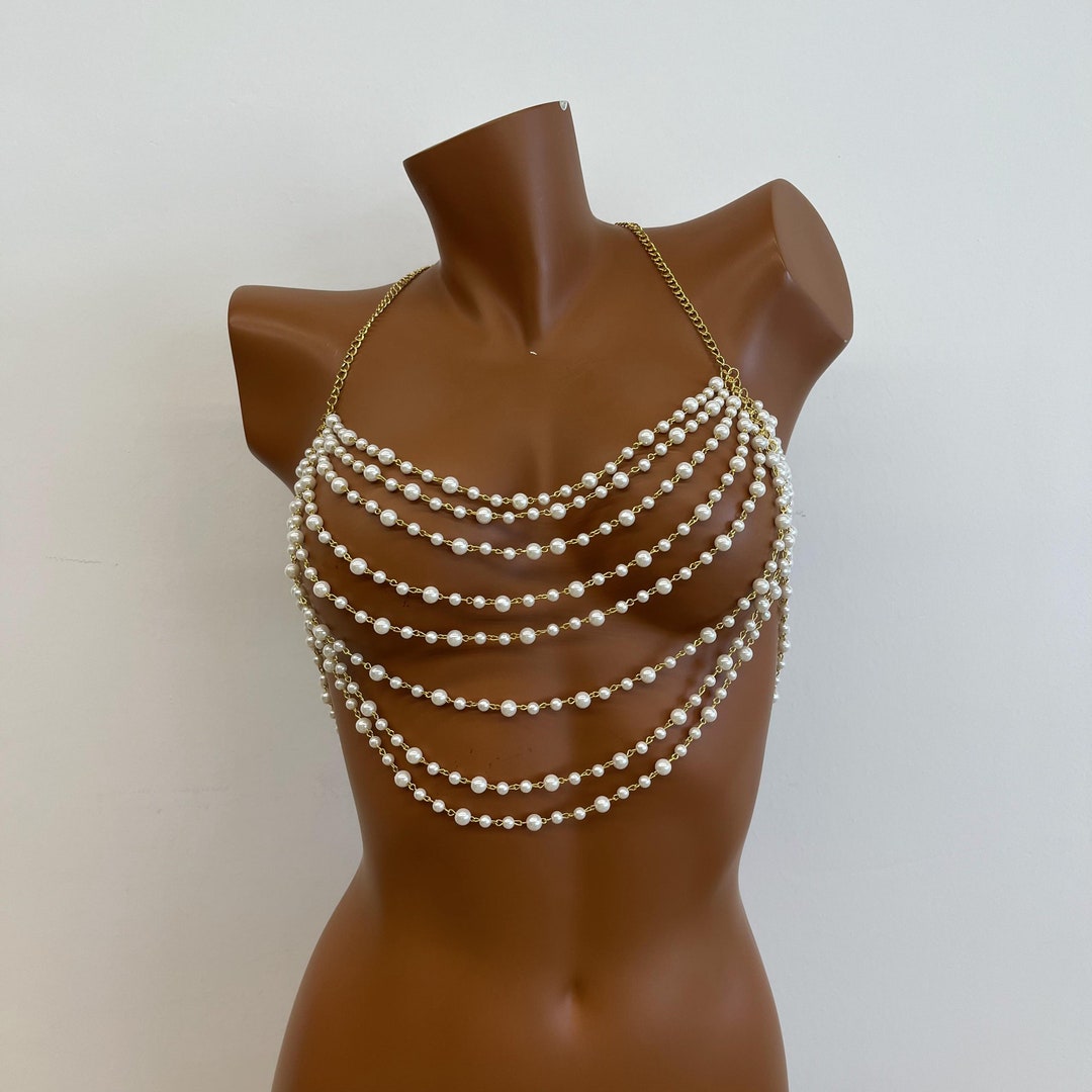 Pearl High Neck Draped Body Jewelry in White main image 0
