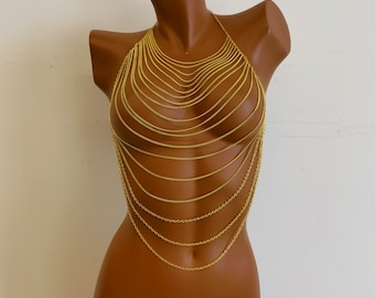 Gold body chain, body jewelry, bra