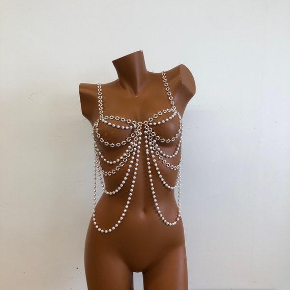 Crystal Mesh Body Chain Bra with Heart Charm and Tassel Detail