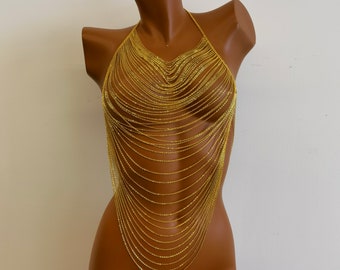 Gold layered necklace, body chain, layered chain necklace