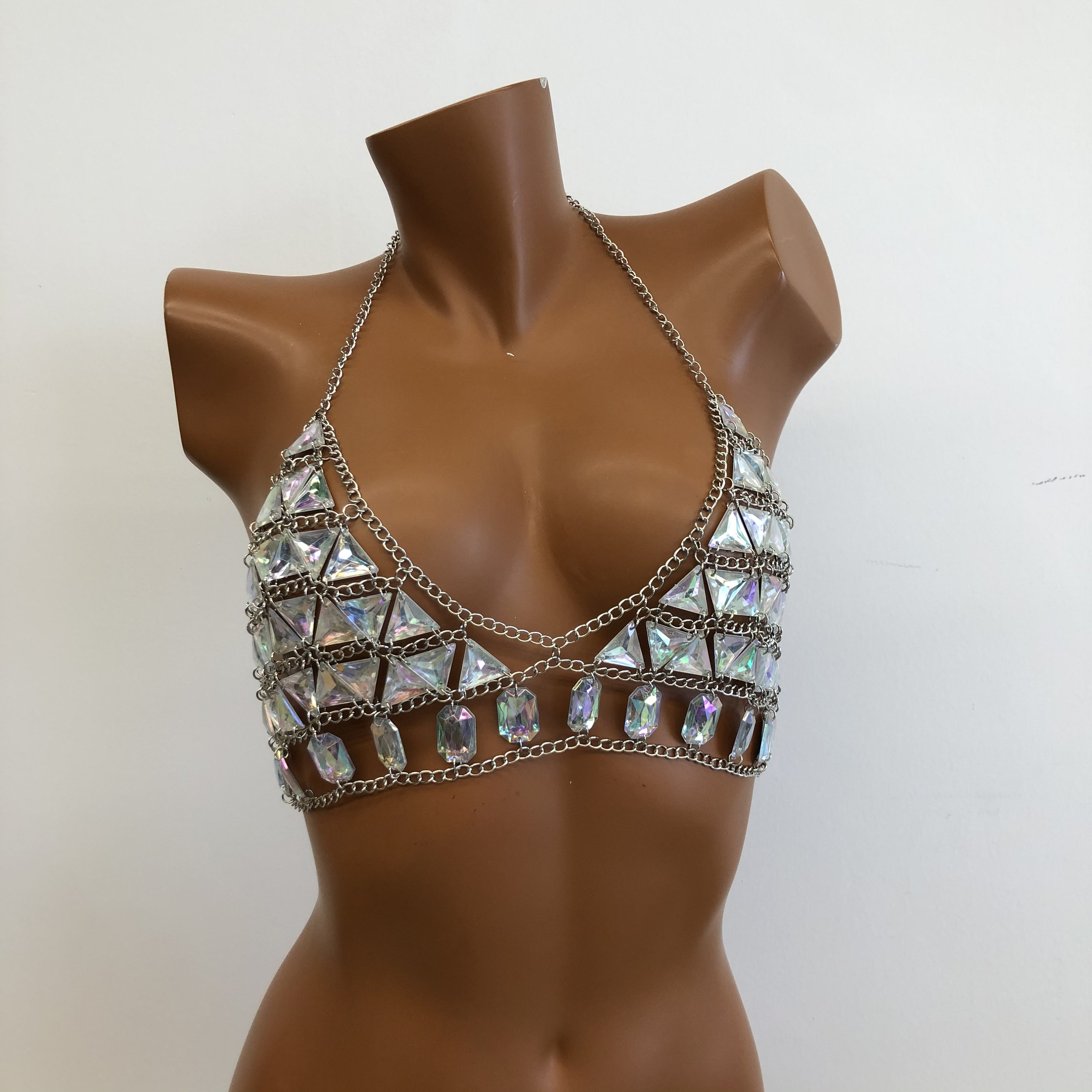 Women's Crystal Rhinestone Body Chain With Netted Mesh And Bralette Style  Crop Top