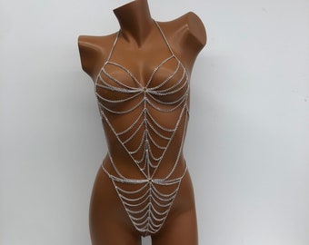 Zestaw Silver Ray Outfit Chain Body Strap Biustonosz Tancerka Pępek Łańcuszek Sukienka Festiwalowa Biżuteria Biustonosz Łańcuszek