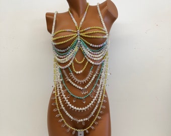 Colorful crystal beaded bra body chain, body jewelry, beach, hippie, holiday jewelry,