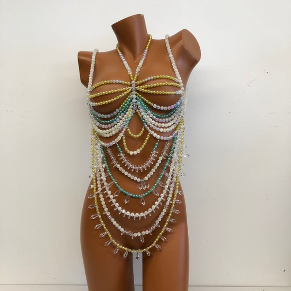 Chaîne de corps de soutien-gorge en perles de cristal colorées, bijoux de corps, plage, hippie, bijoux de vacances,