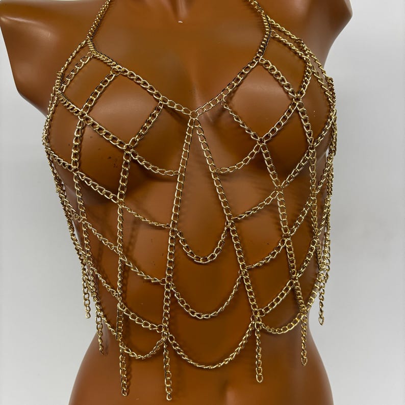 May include: A gold chainmail body chain with a delicate, intricate design. The chain is made of small, linked rings that create a web-like pattern. The chain is long enough to drape over the shoulders and chest, and it has a dangling fringe at the bottom.