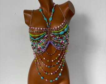 Handmade Stainless Steel Layered Baroque Pearl Chain Bra Body Chain (Faux Pearl), Custom Sized, Non-Tarnish