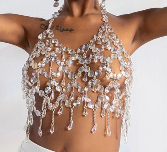 Festival Pearl Body Chain Bra Top Shoulder Necklace Collar Rave