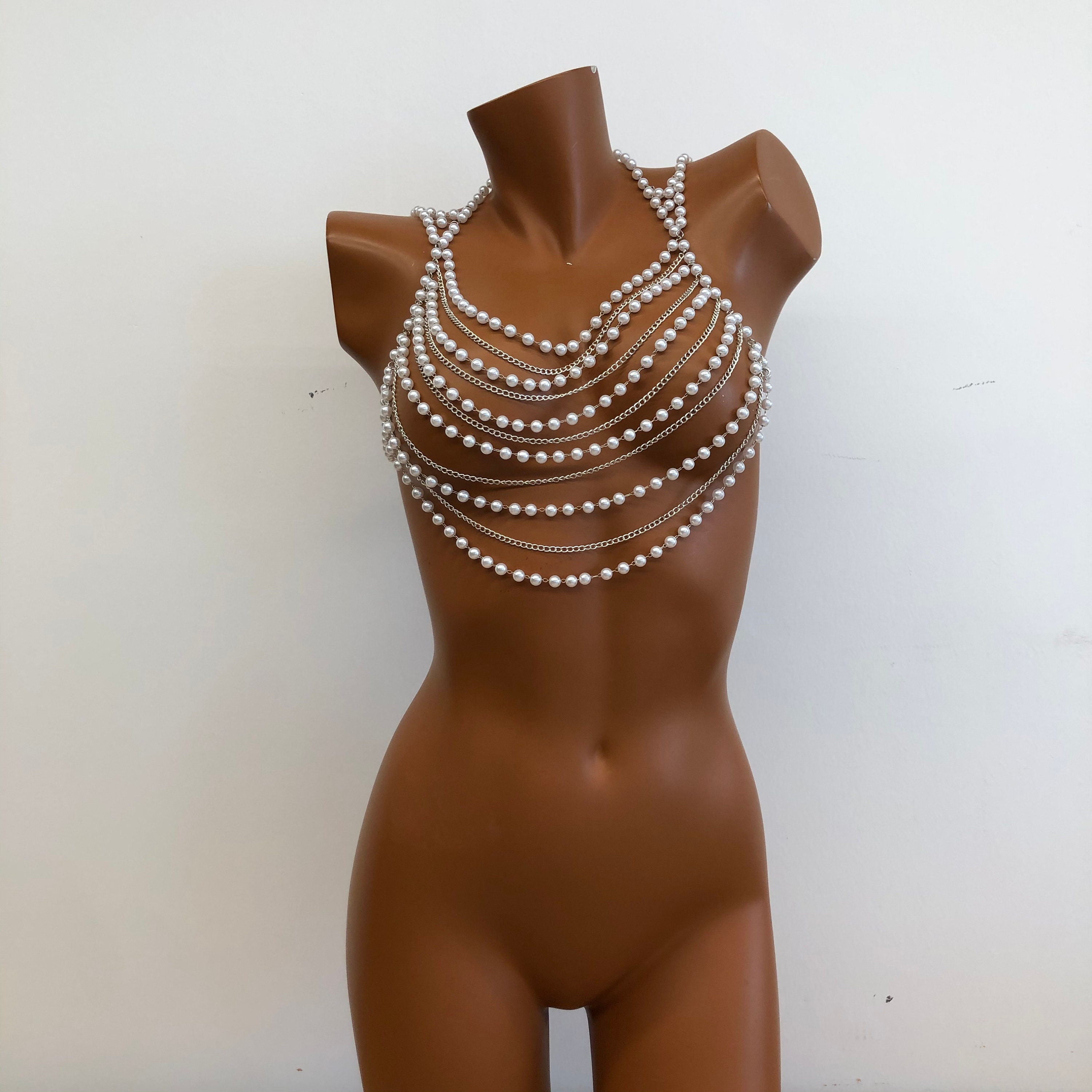 Body Chain Bra Fashion Body Chain Necklace Bra Chain Body Jewelry, Pearl 