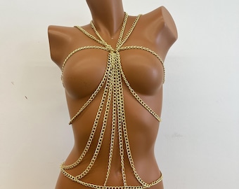 Gold Body Necklace Bra - Body Chain - Gold Metal Body Chain - Body Jewelry - Exquisite Body Chain - Holiday Jewelry