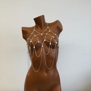 Silver chain, pearl body chain, body jewelry, pearl body chain,