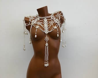 Handmade pearl body chain dress for women, party, wedding, photo shoot, adjustable pearl body chain