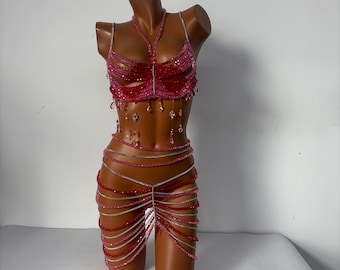 Red Handmade Crystal Body Chain Mermaid Bra Top Rhinestone Beads Bikini Body Jewelry Faux Pearl Halter Top for Party Outfit Festive Rave