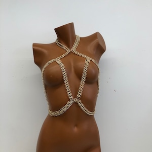 May include: A gold chain body harness with a criss-cross design. The harness is made of small, linked metal rings.
