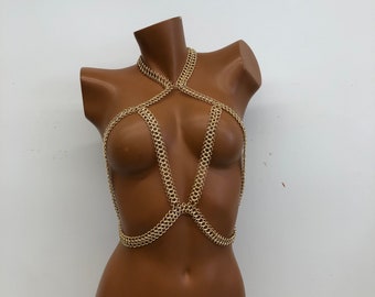 Golden body chain necklace, chain bra top, gift for her