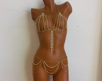 Gold Kette Perlen BH-Oberteil, Perlenrock, Rave Outfit, Ketten-BH-Oberteil