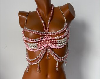 Crystal Fringe Body Chain - Beaded Chest Accessory Silver Chest Jewelry