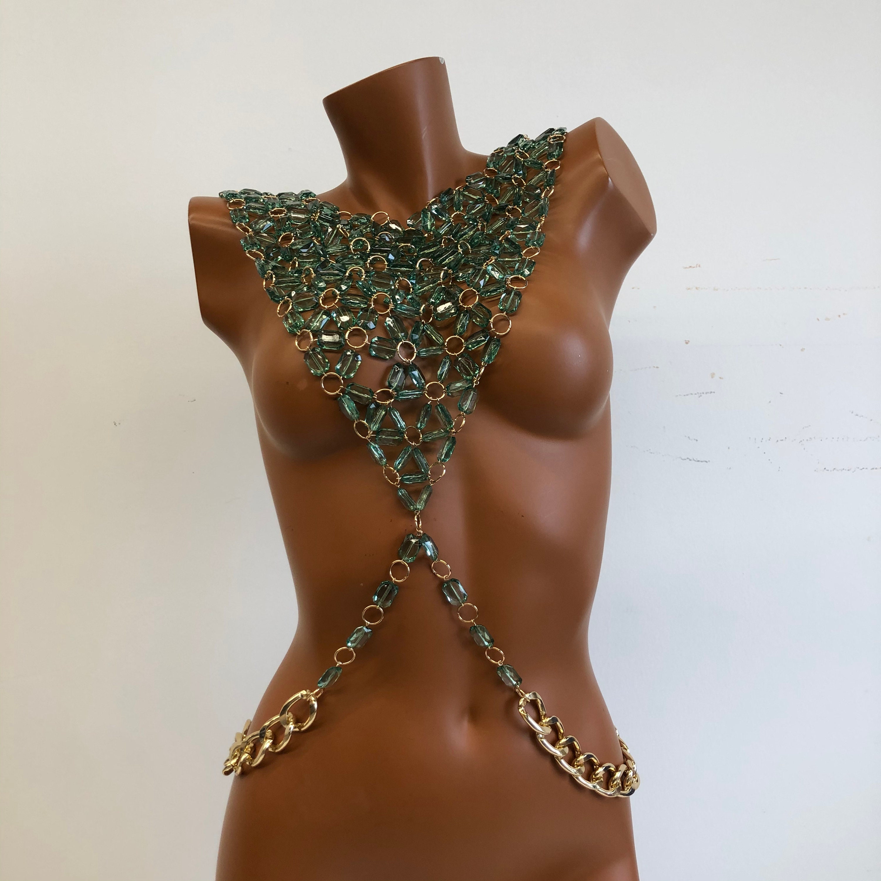 Royalty Blue Crystal Rhinestone Chain Bra Bikini Bralette Harness 