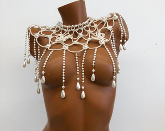 Handmade pearl body chain dress for women, party, wedding, photo shoot, adjustable pearl body chain