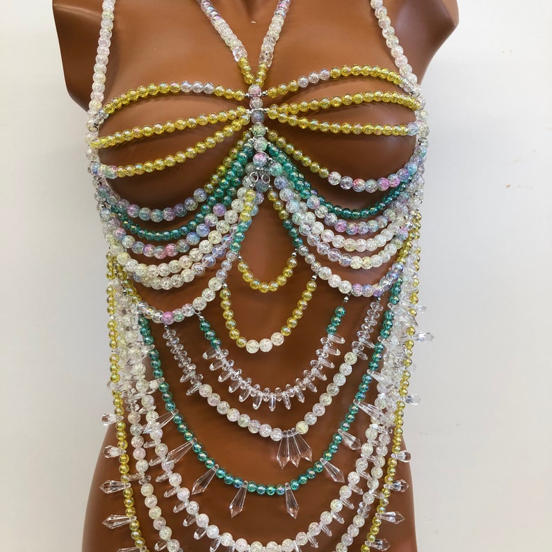 Colorful crystal beaded bra body chain, body jewelry, beach, hippie, holiday jewelry, image 3