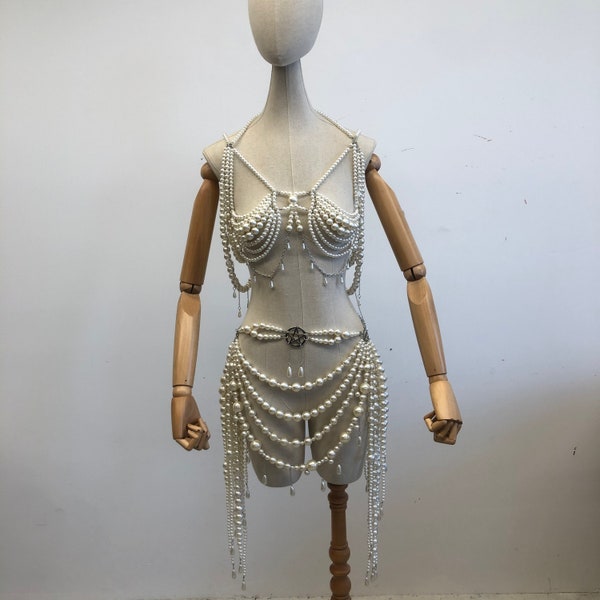 Body Chain Bra - Fashion Body Chain Bra Chain Waist Chain Set Body Jewelry, Pearl