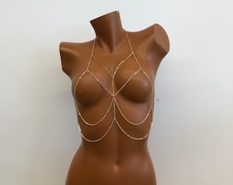 Gold body chain, body jewelry, bra