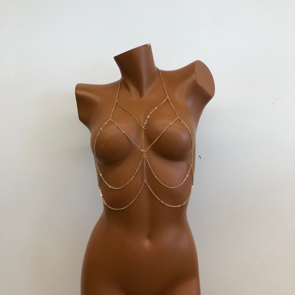 Gold body chain, body jewelry, bra