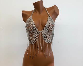 Silver bra body chain - Festival jewelry - Sexy dancer clothing - Dress chain Party club body chain