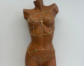 Diamond Body Chain Bra Waist Chain Set - Dancer Chest Chain - Party Dress - Bra Chain - Carnival Apparel | Bride Sexy Jewelry