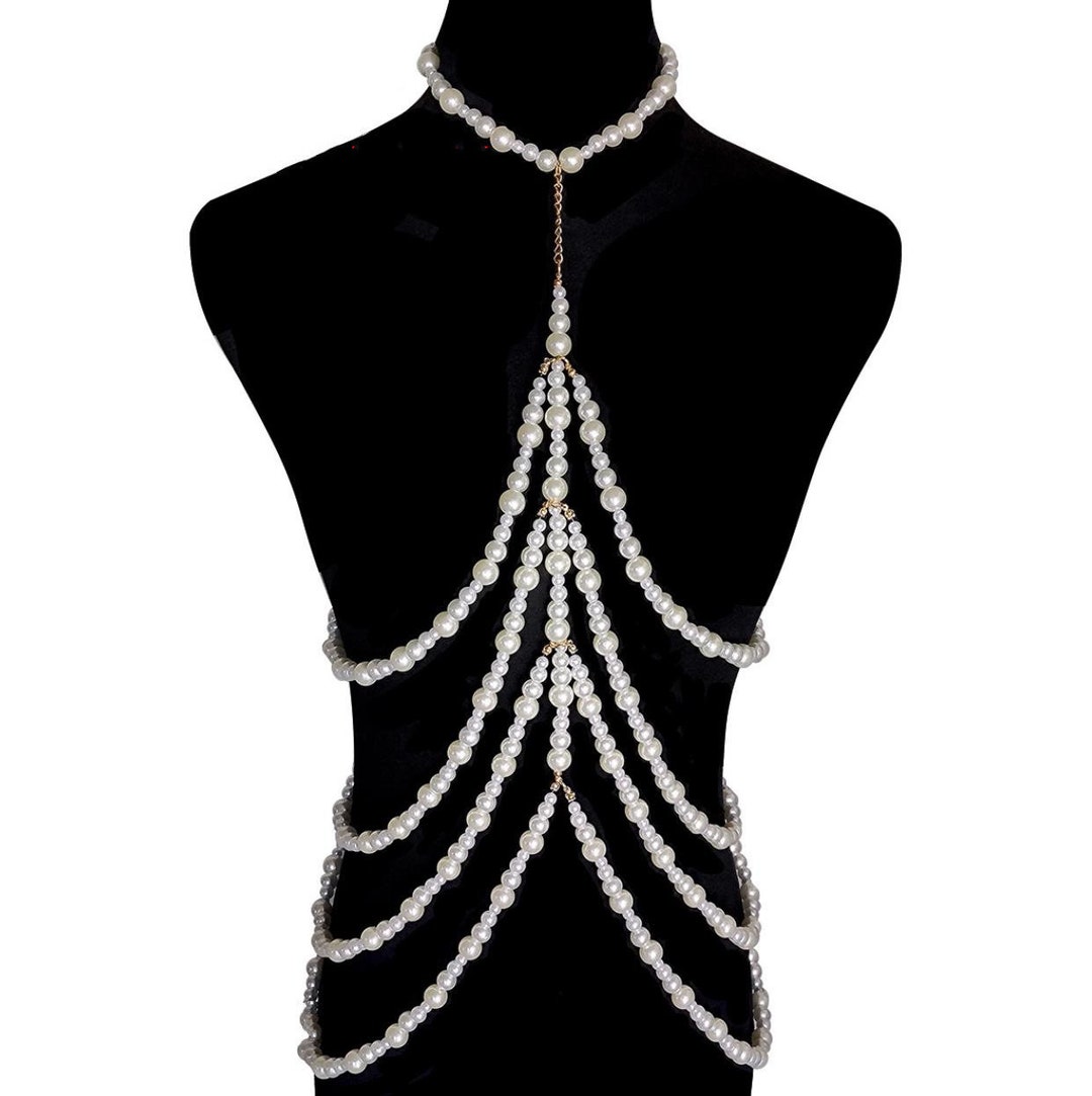 Faux pearl beaded body chain hollow out top