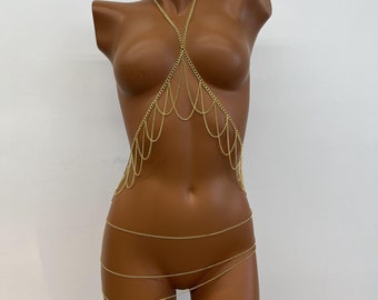 Gold bra necklace, body chain, body jewelry