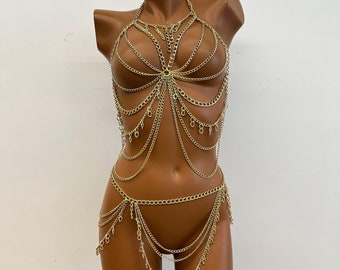 Conjunto de cadena corporal dorada, joyería de festival de música con borlas, cadena corporal, atuendo rave, persona fogosa