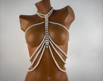 Perlen Umhang, Perlen Körperschmuck, Perlen Körperkette, Perlen-BH, Perlenspitze, Perlen-BH, Perlenoberteil