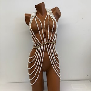 Vintage Pearl Body Chain Dress Handmade Pearl Women's Dress, Party, Wedding, Photo Shooting, Adjustable Pearl Body Chain