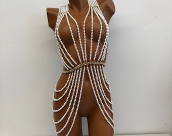 Vintage Pearl Body Chain Dress Handmade Pearl Women's Dress, Party, Wedding, Photo Shooting, Adjustable Pearl Body Chain
