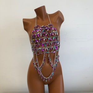 Body Chain Bra Shiny Hollow Chest Refining shaped Crystal Bra Chain Tassel Hollow Top Suitable for Concert, Party, Carnival, Acrylic